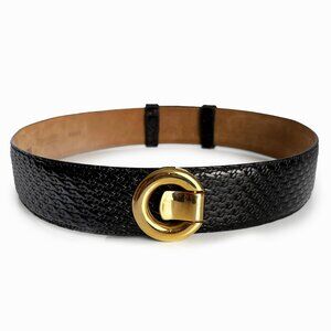 Carlisle Belt Wide Black Textured Calfskin Leather Gold Buckle USA
